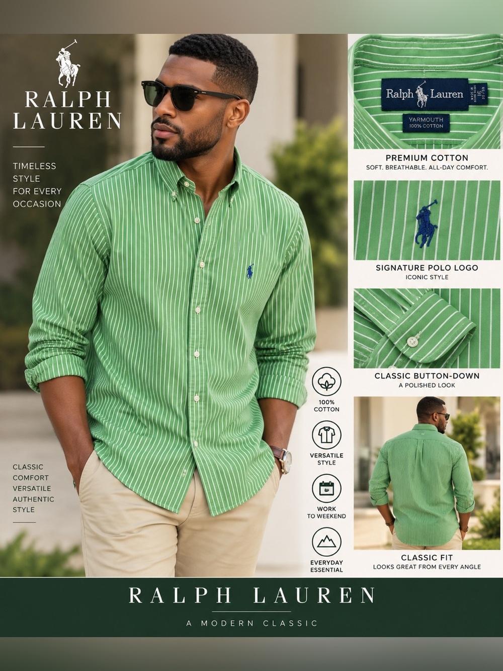 Ralph Lauren Green Striped Cotton Button-Down Shirt